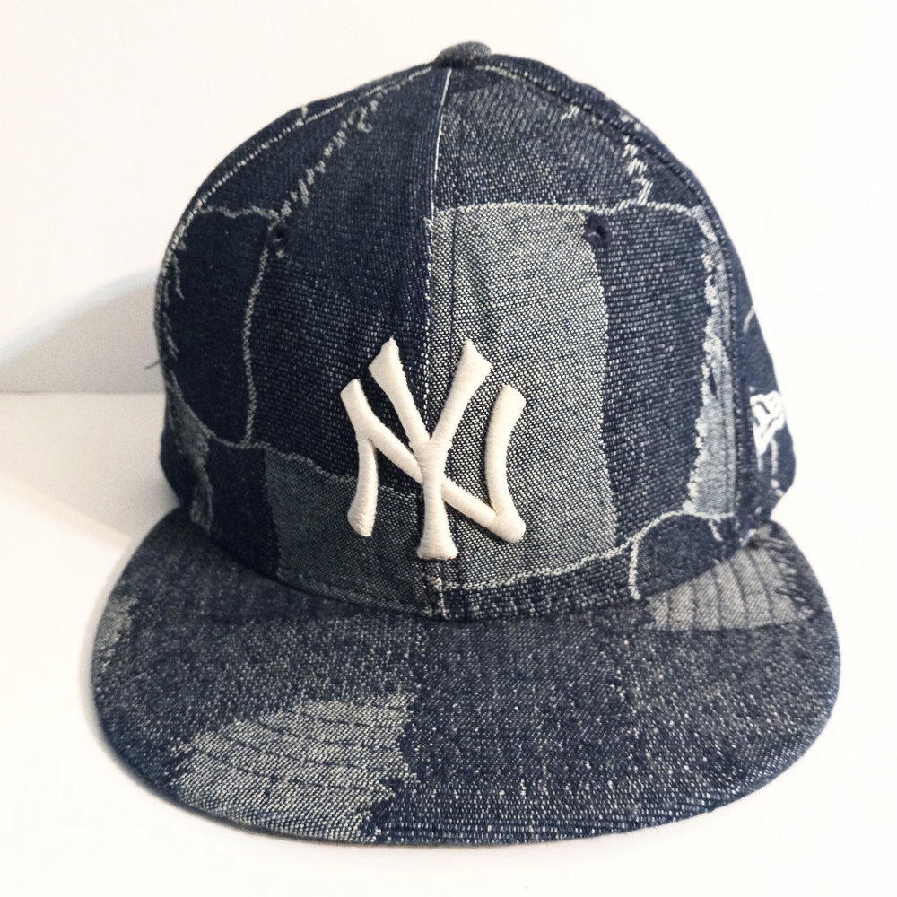 Vintage New ERA Denim Patchwork Blue New York Fitted Hat Size 7 3/8 58.7 CM